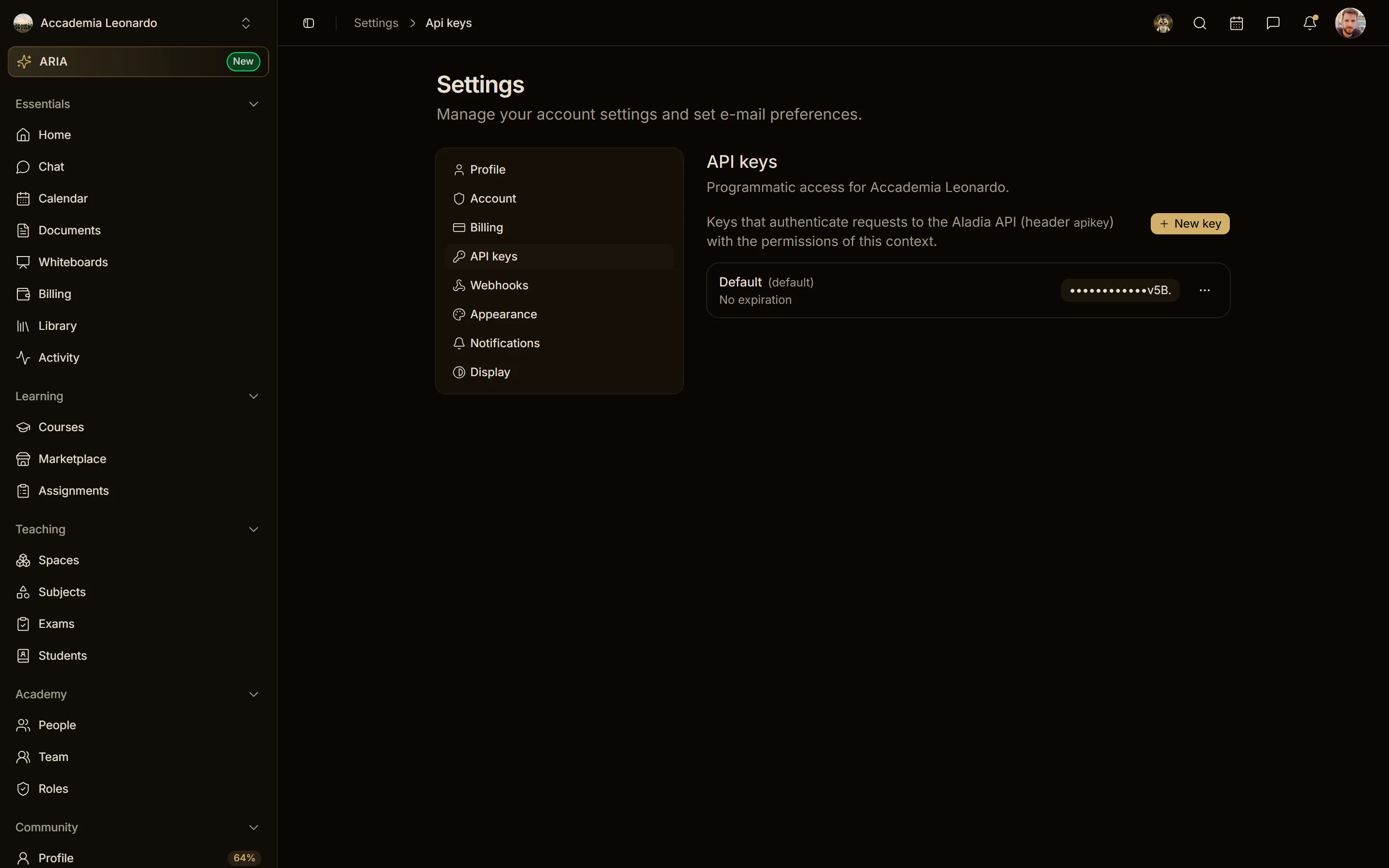 Settings → API keys nel contesto dell'Accademia Leonardo