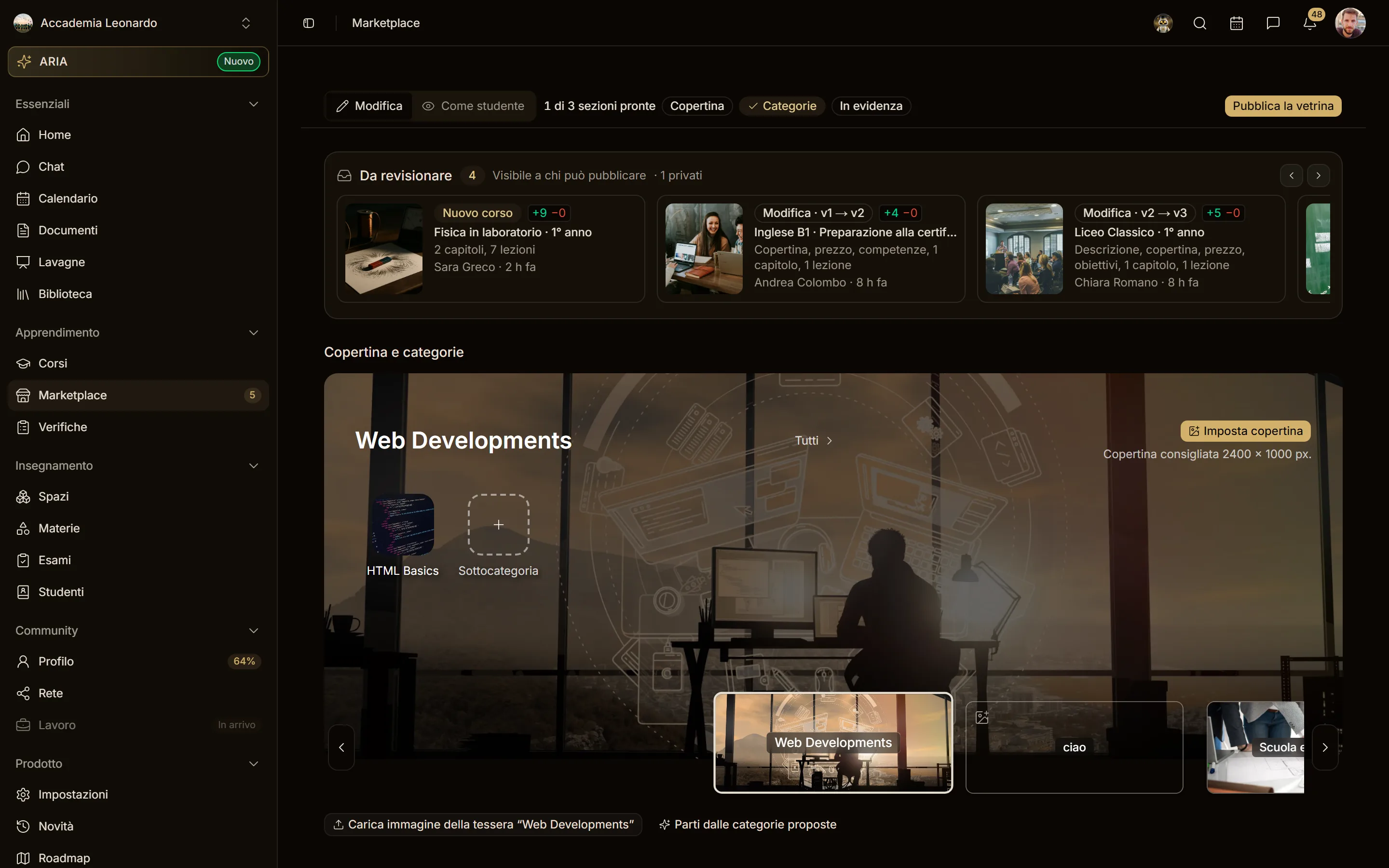 La modalità Modifica: toolbar nella pagina, copertina e categorie, corsi in evidenza, righe della vetrina