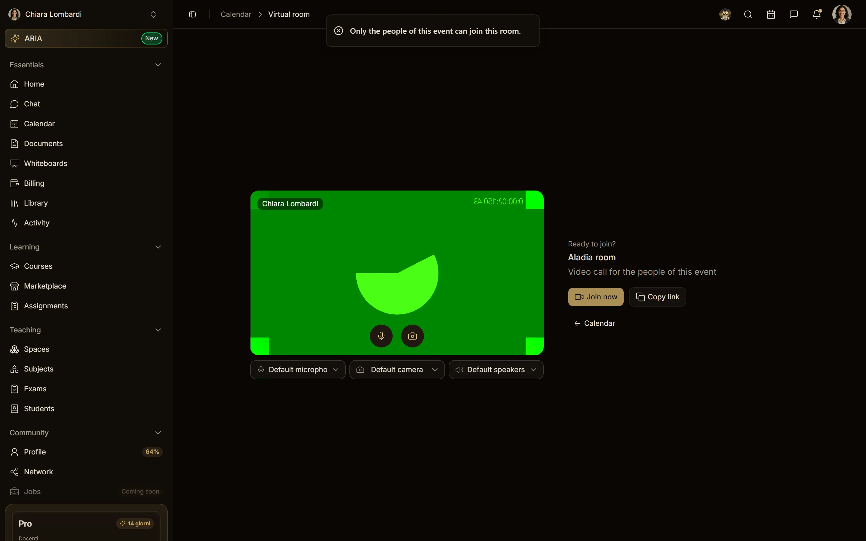 La sala d'attesa aperta da chi ha solo il link, con il messaggio di accesso negato