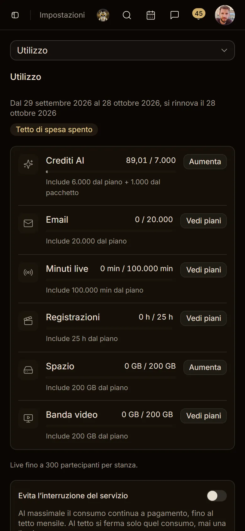 La pagina Utilizzo dell'accademia su mobile