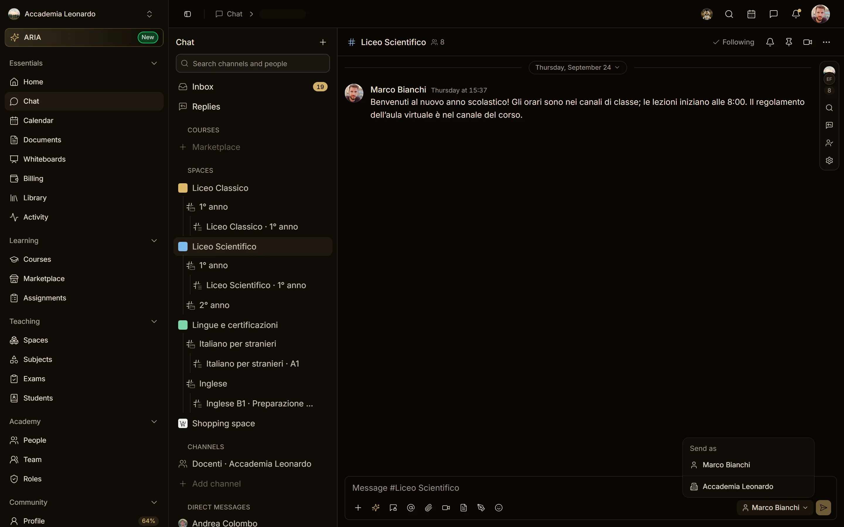 Il composer dell'Owner con il menu Send as aperto