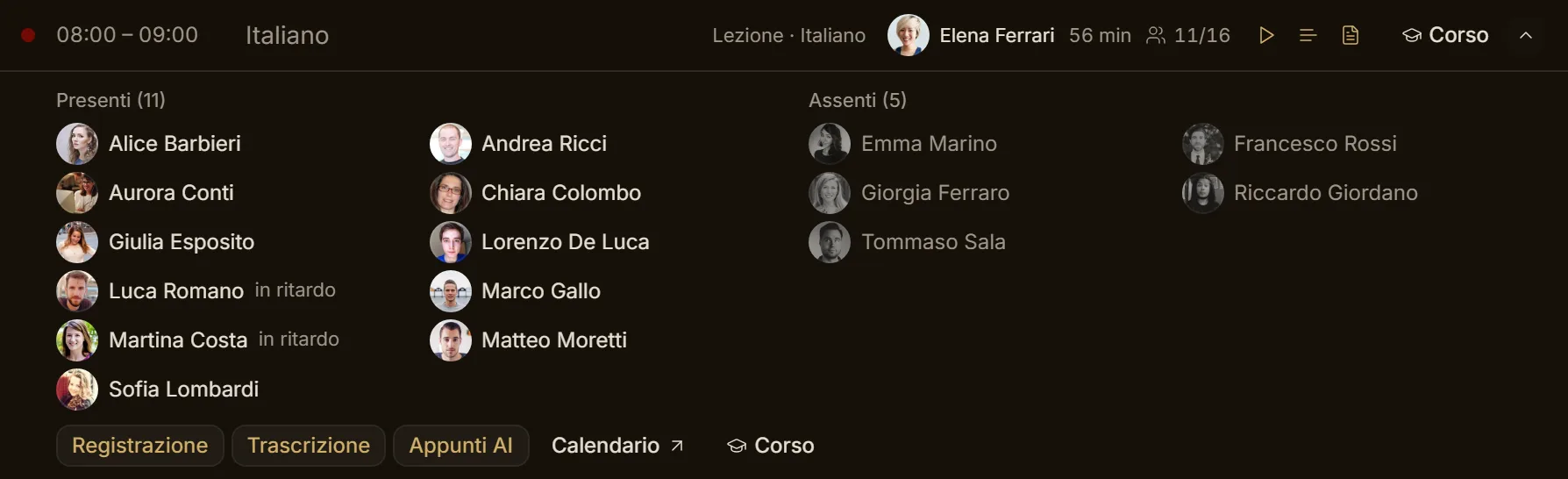 Il dettaglio di una riunione conclusa con presenti, assenti e link