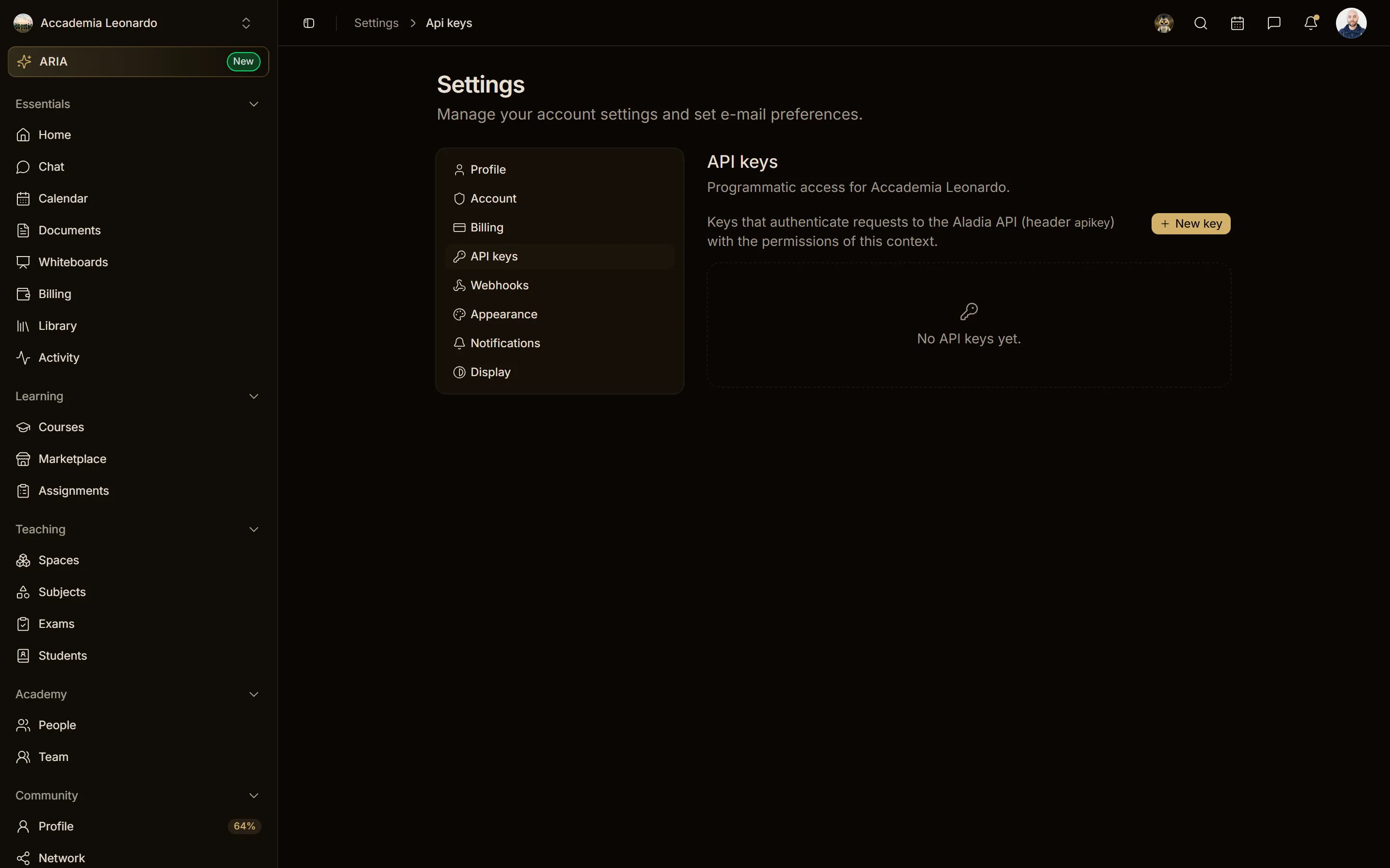 Settings → API keys aperta da un Member senza il ruolo Developer: nessuna chiave in elenco