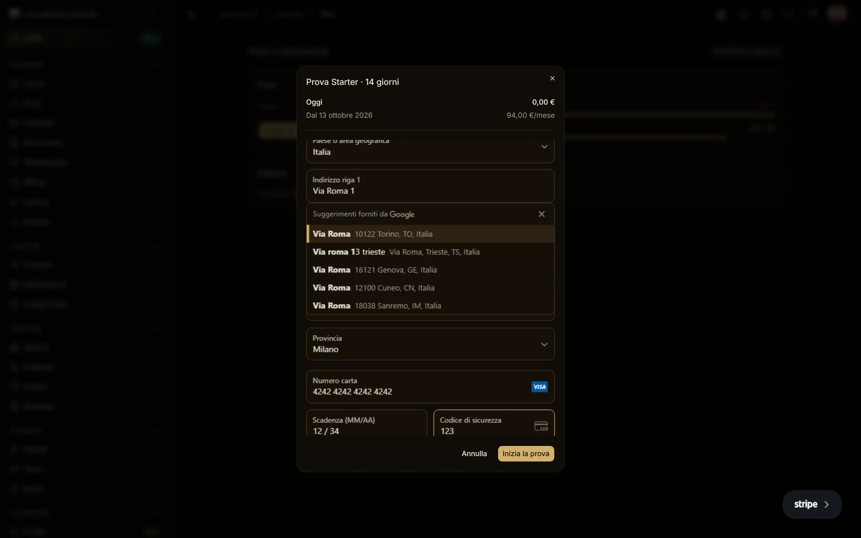 Il checkout embedded: indirizzo di fatturazione e carta