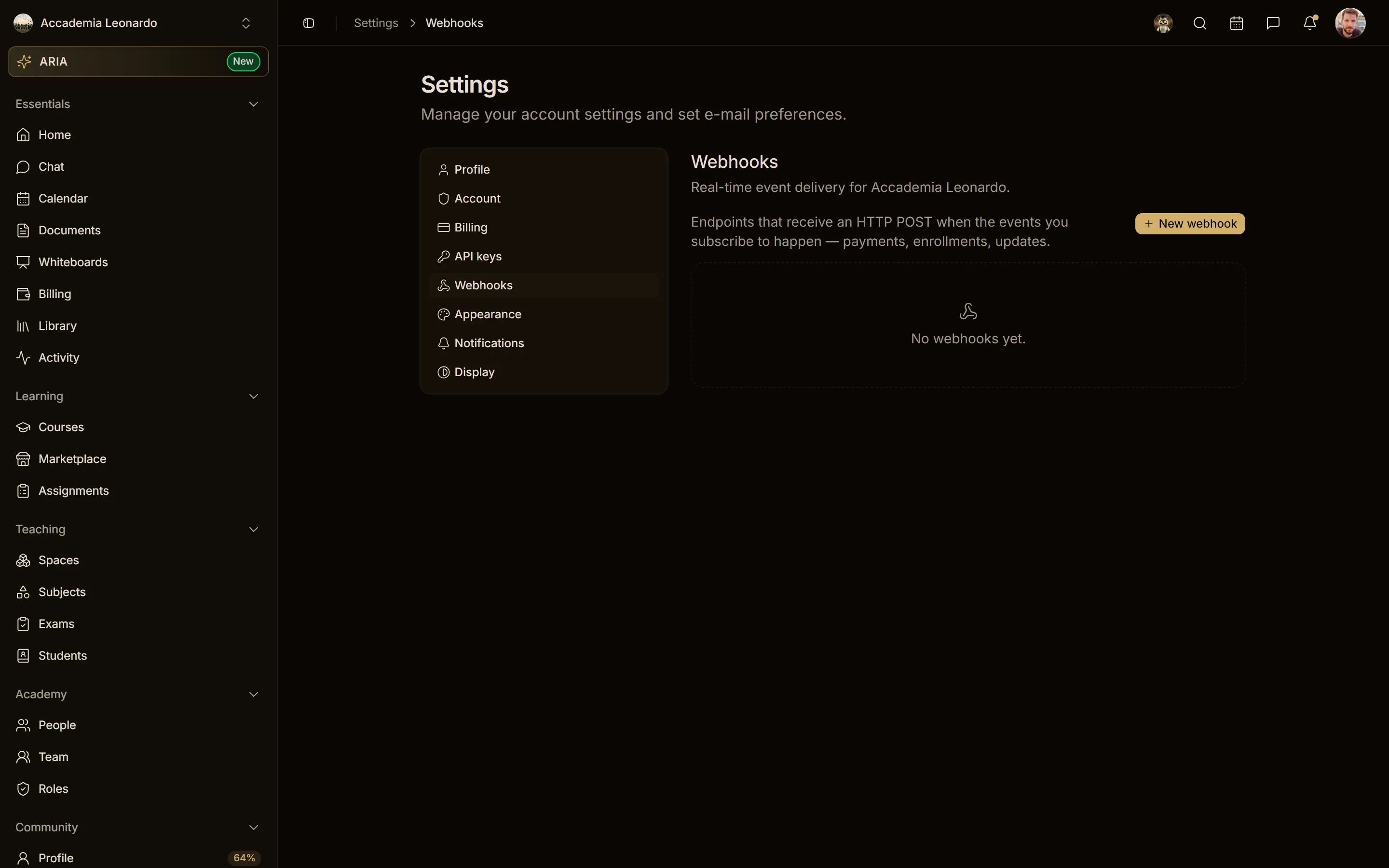 Settings → Webhooks con il pulsante New webhook