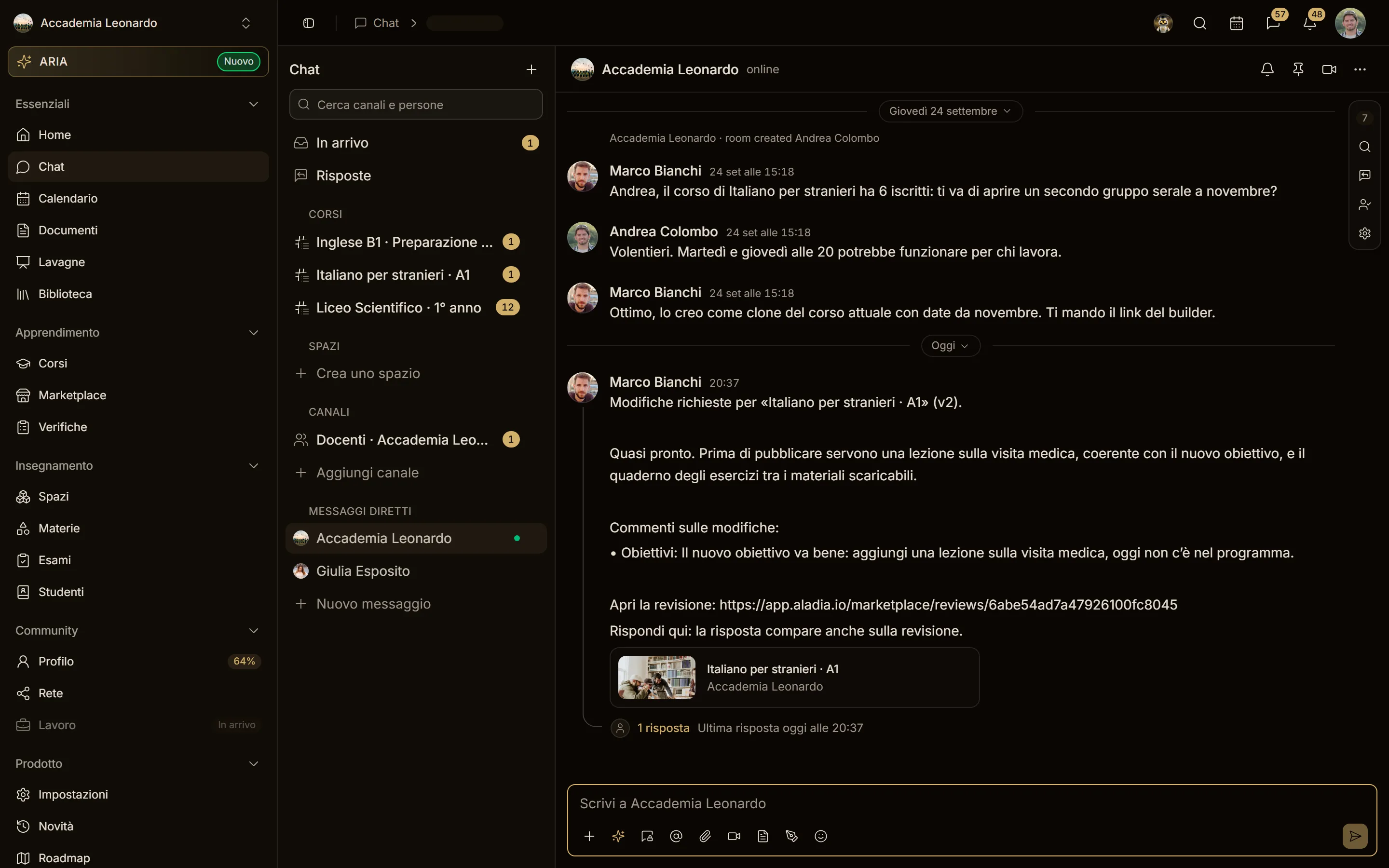 Il messaggio diretto all'autore in chat, con il riepilogo e il link alla revisione