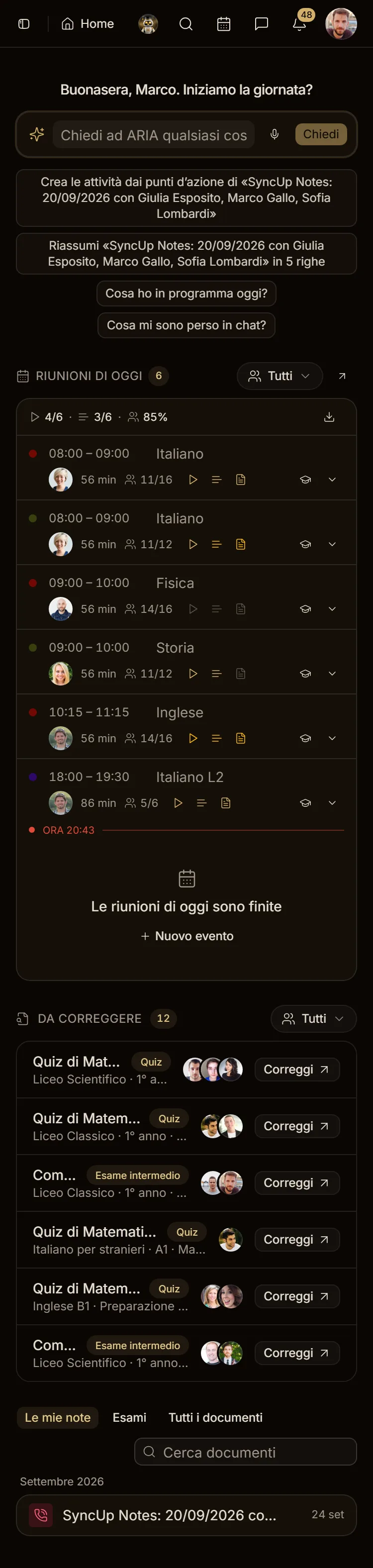 Riunioni di oggi su telefono, tema scuro
