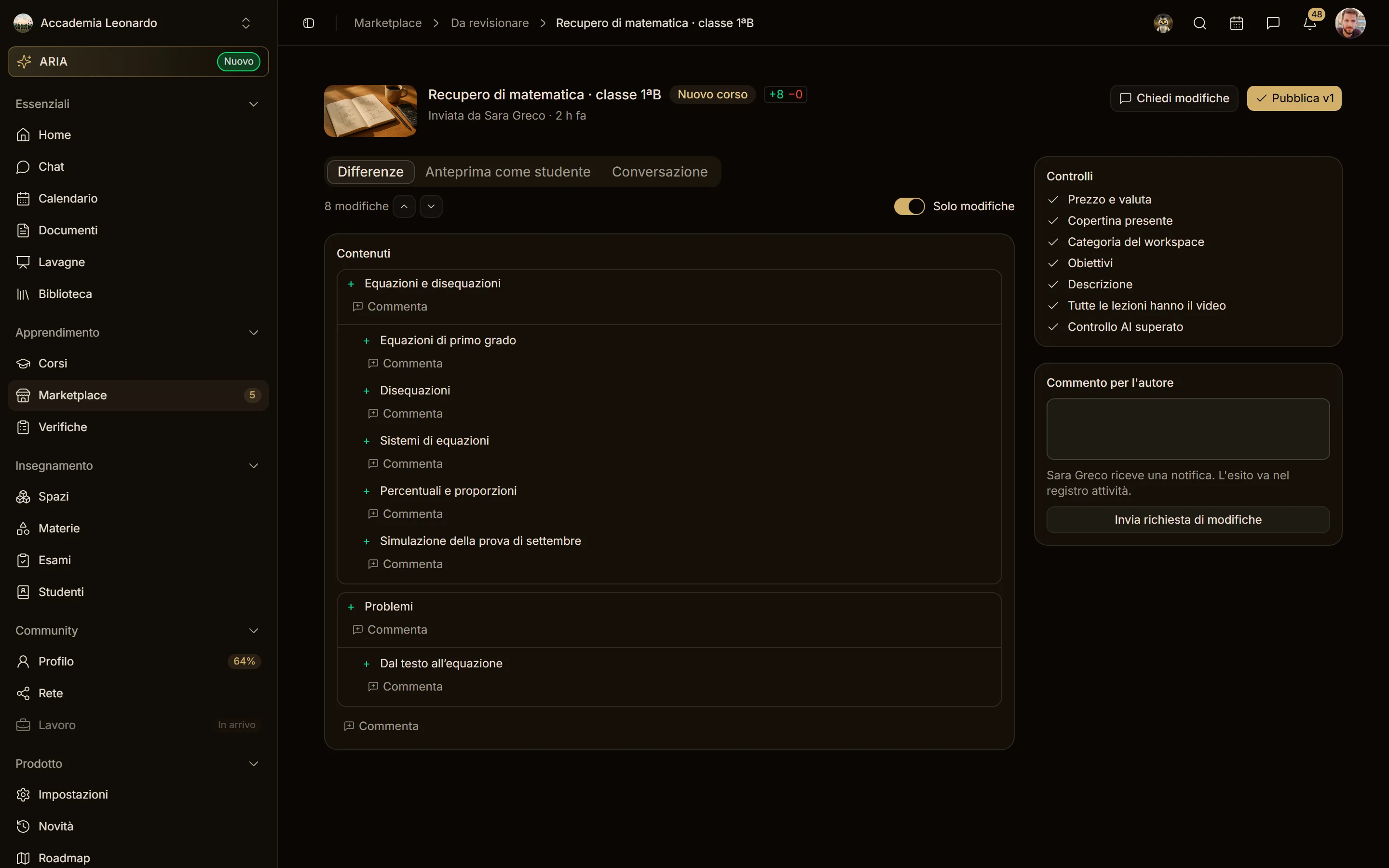 La pagina di revisione: differenze dalla versione online, controlli e commento per l'autore