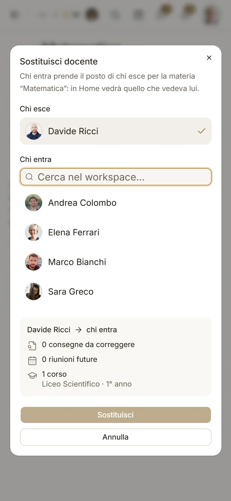 Il dialogo Sostituisci docente sul telefono