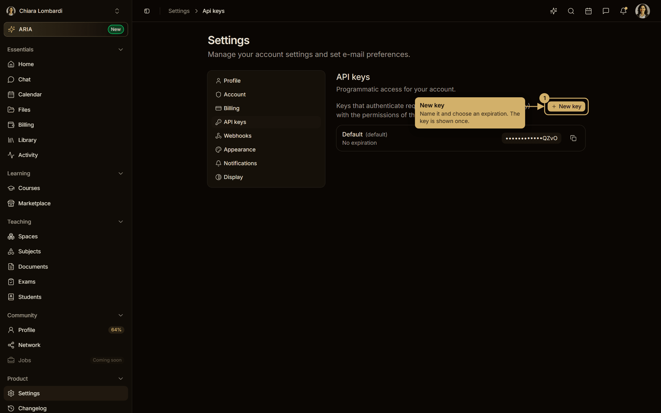 Settings → API keys, with the New key button highlighted