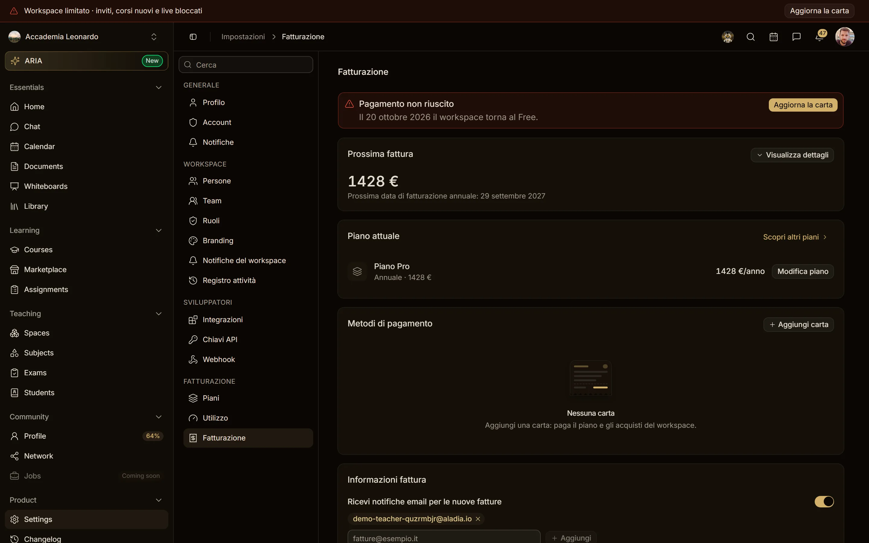 Fatturazione: workspace limitato