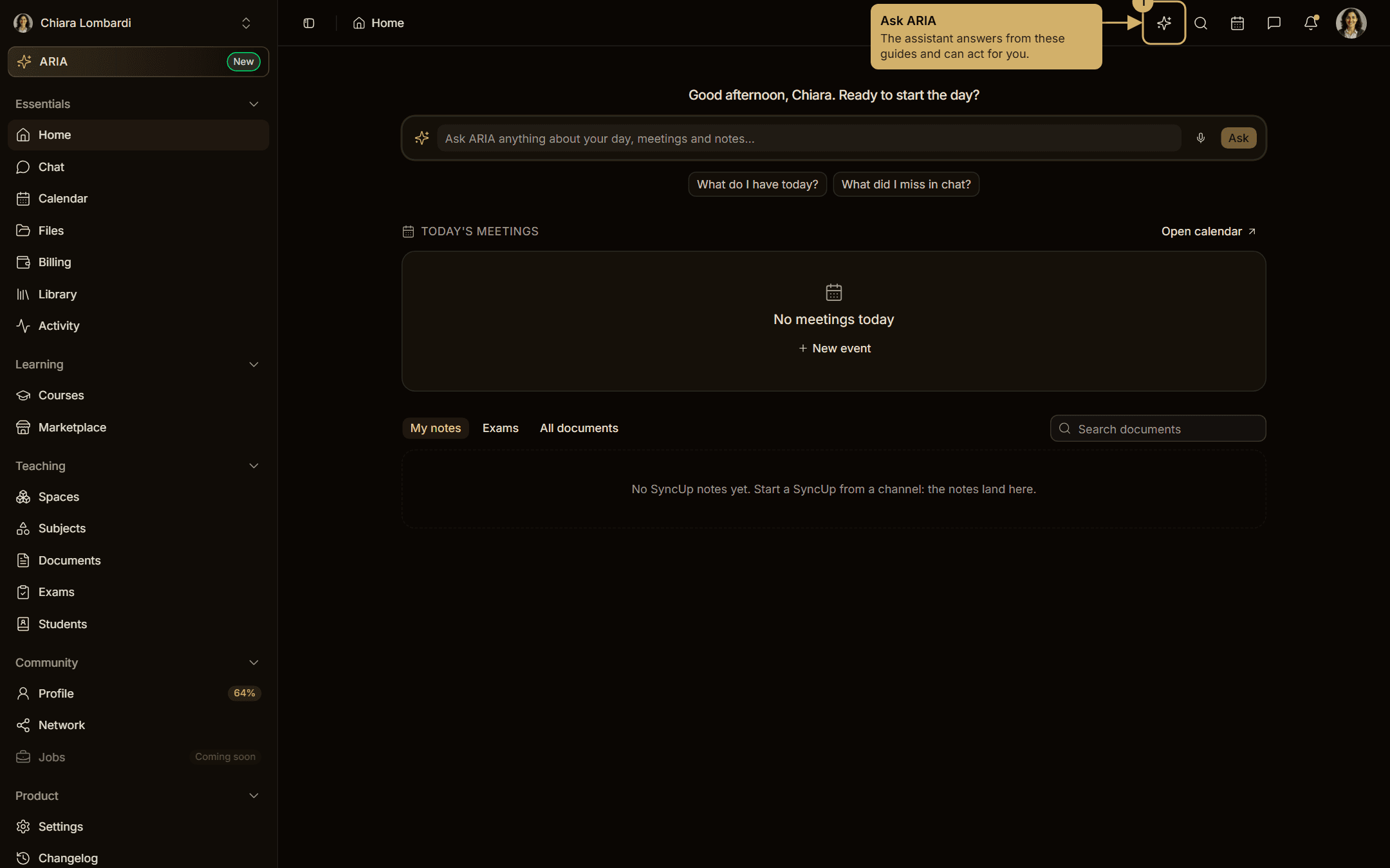 The home page after signing in: greeting, the ARIA box and today's meetings