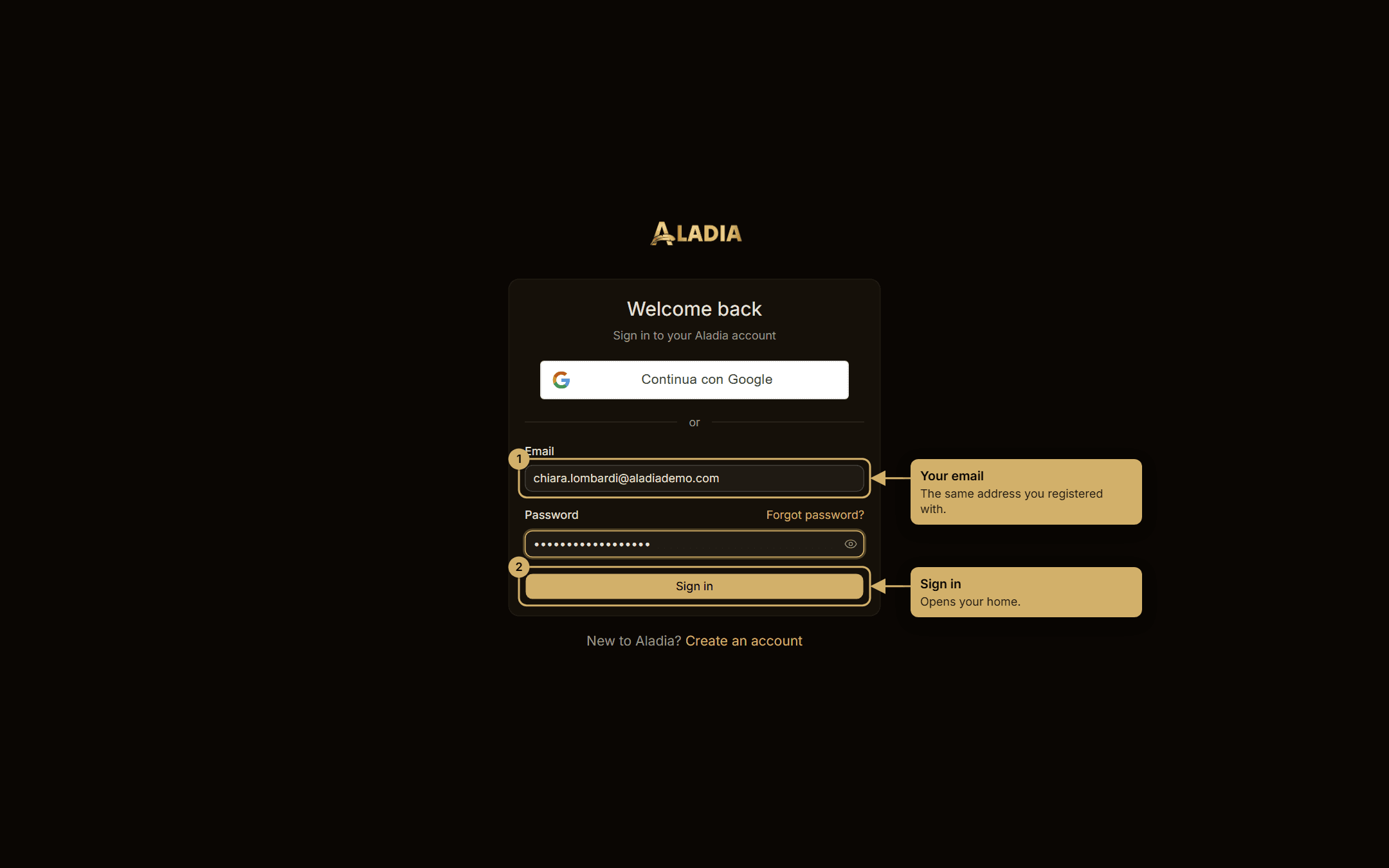 The sign-in form: email, password and the Sign in button