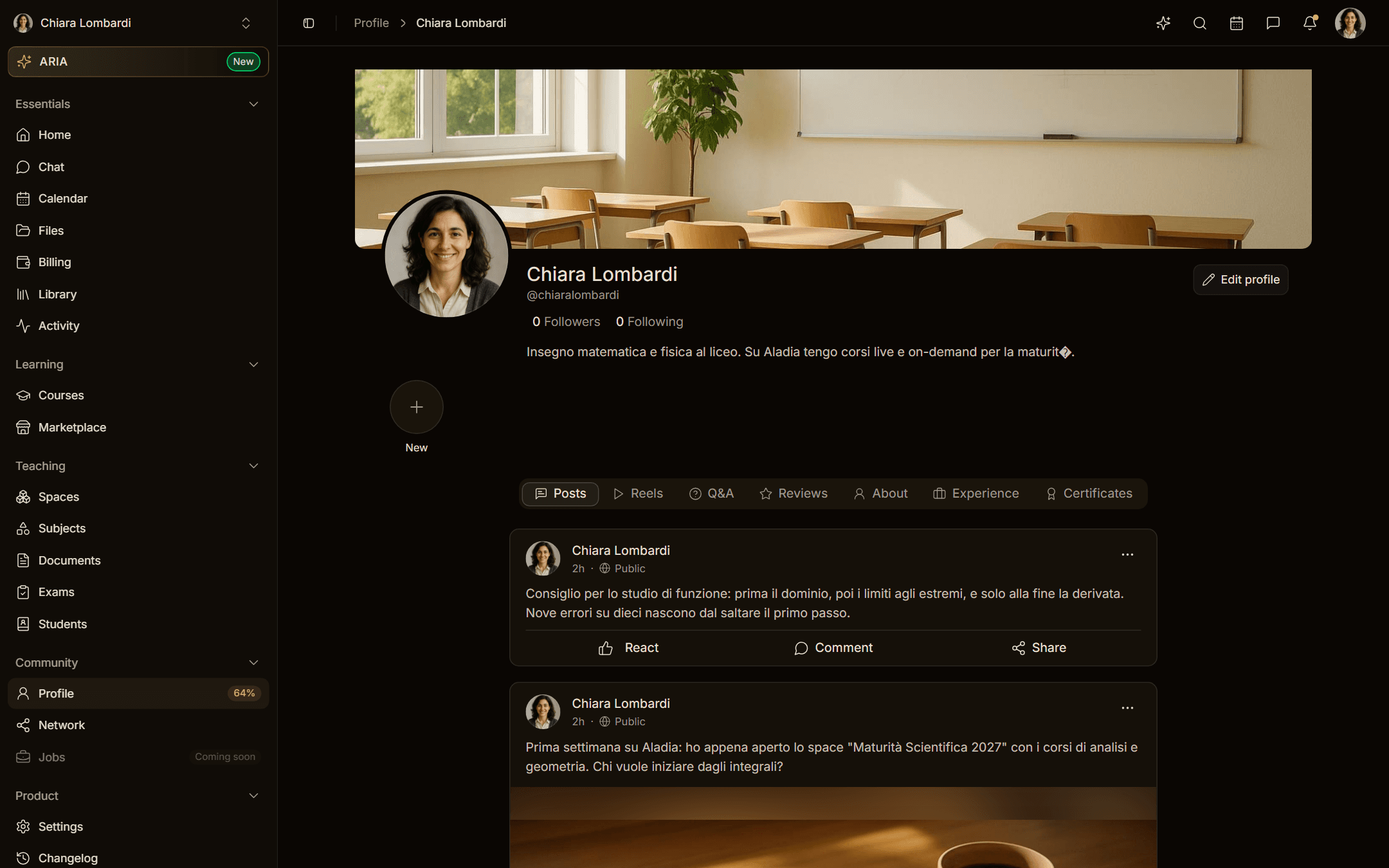 Chiara's profile page with cover, picture and the Edit profile button