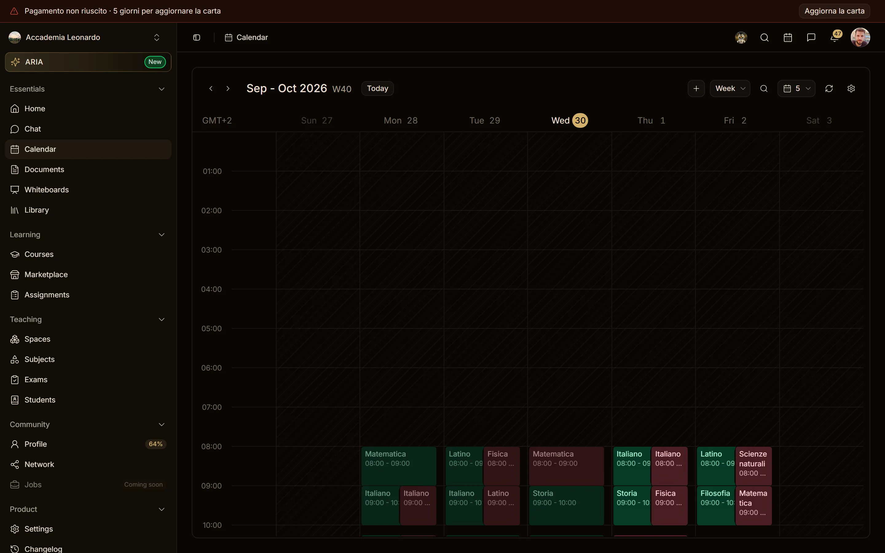 Calendario sotto il banner