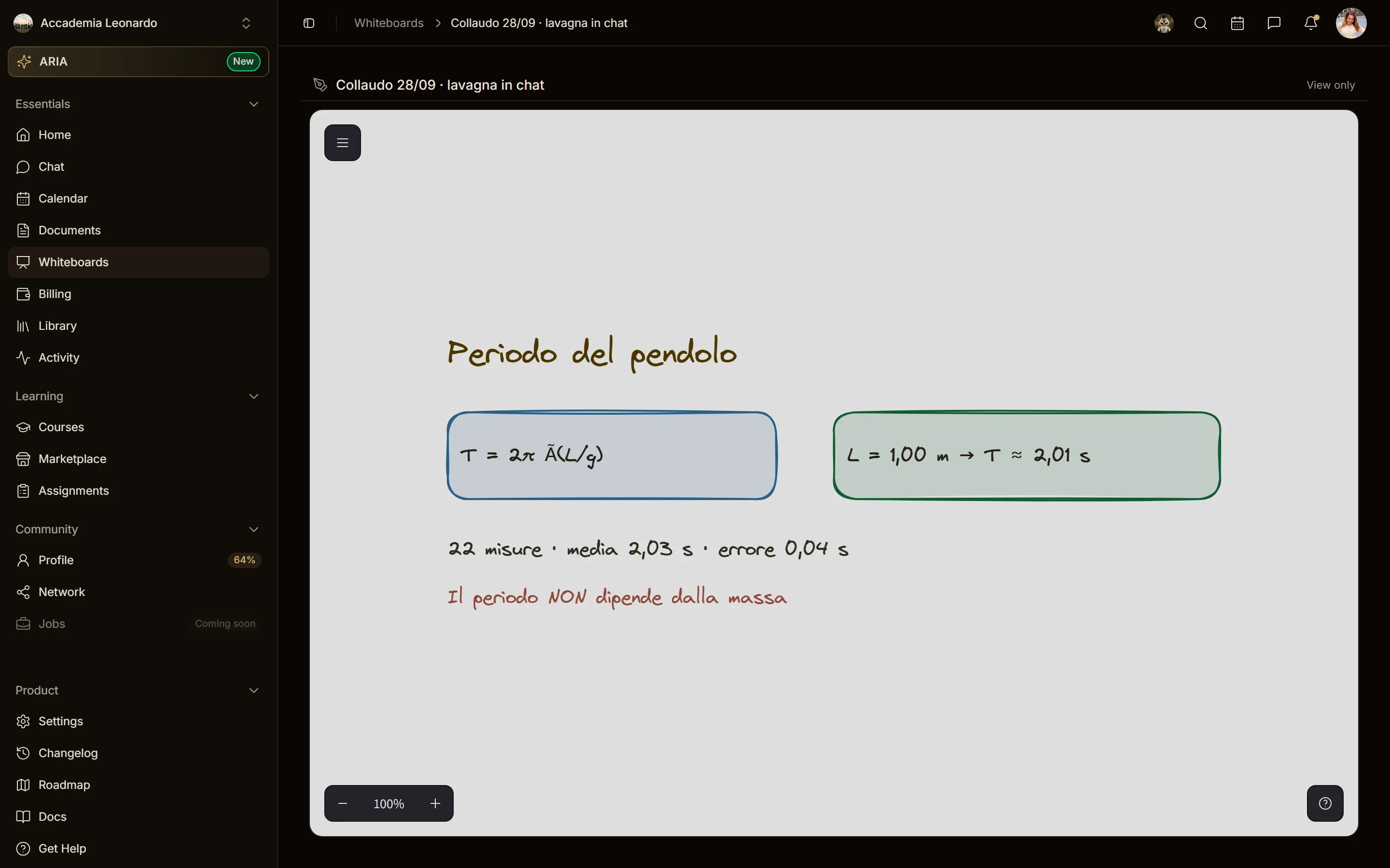 Una lavagna pubblicata dal docente nella chat del corso, aperta dalla studentessa in modalità View only