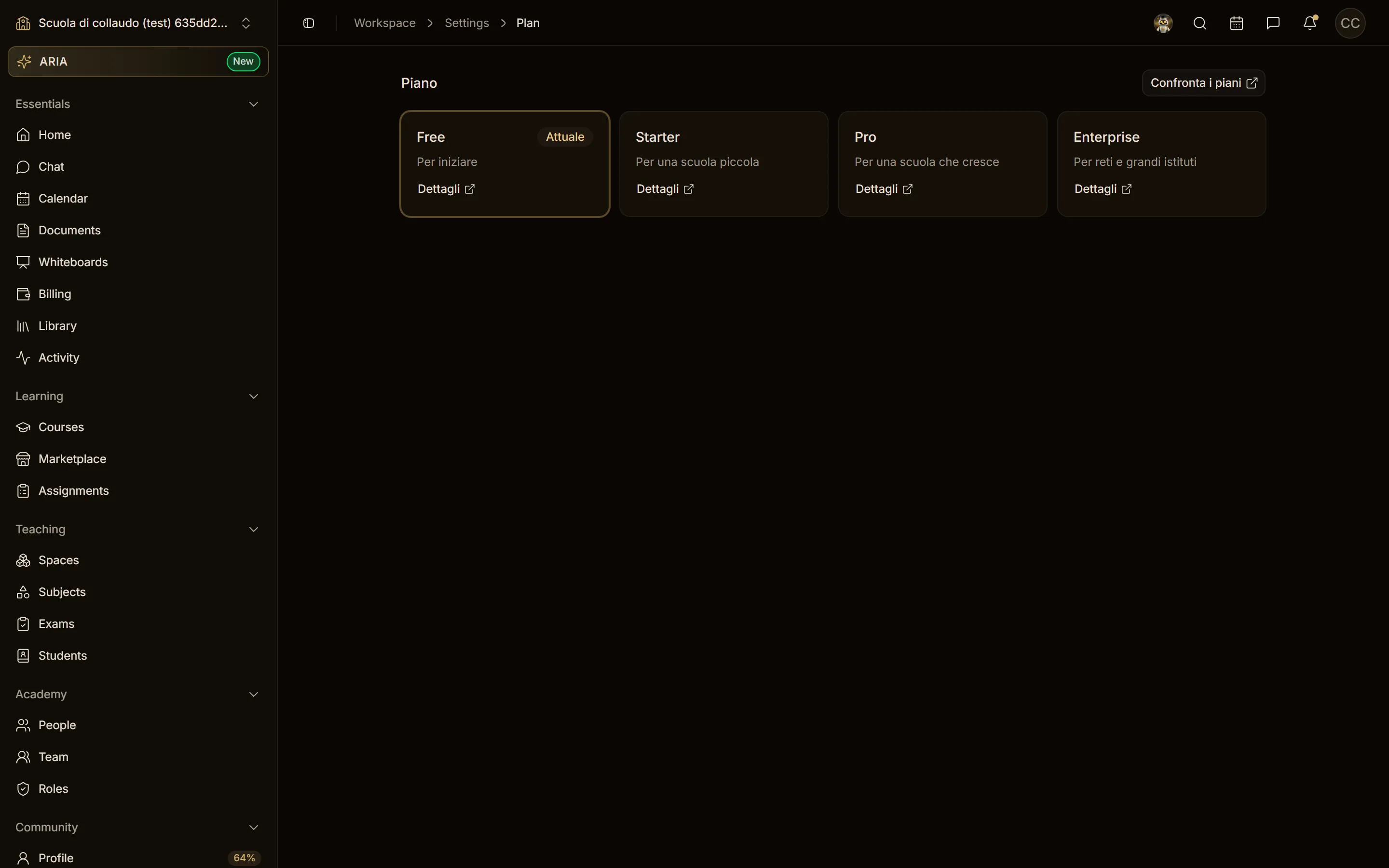 La pagina Piano: Free è il piano attuale