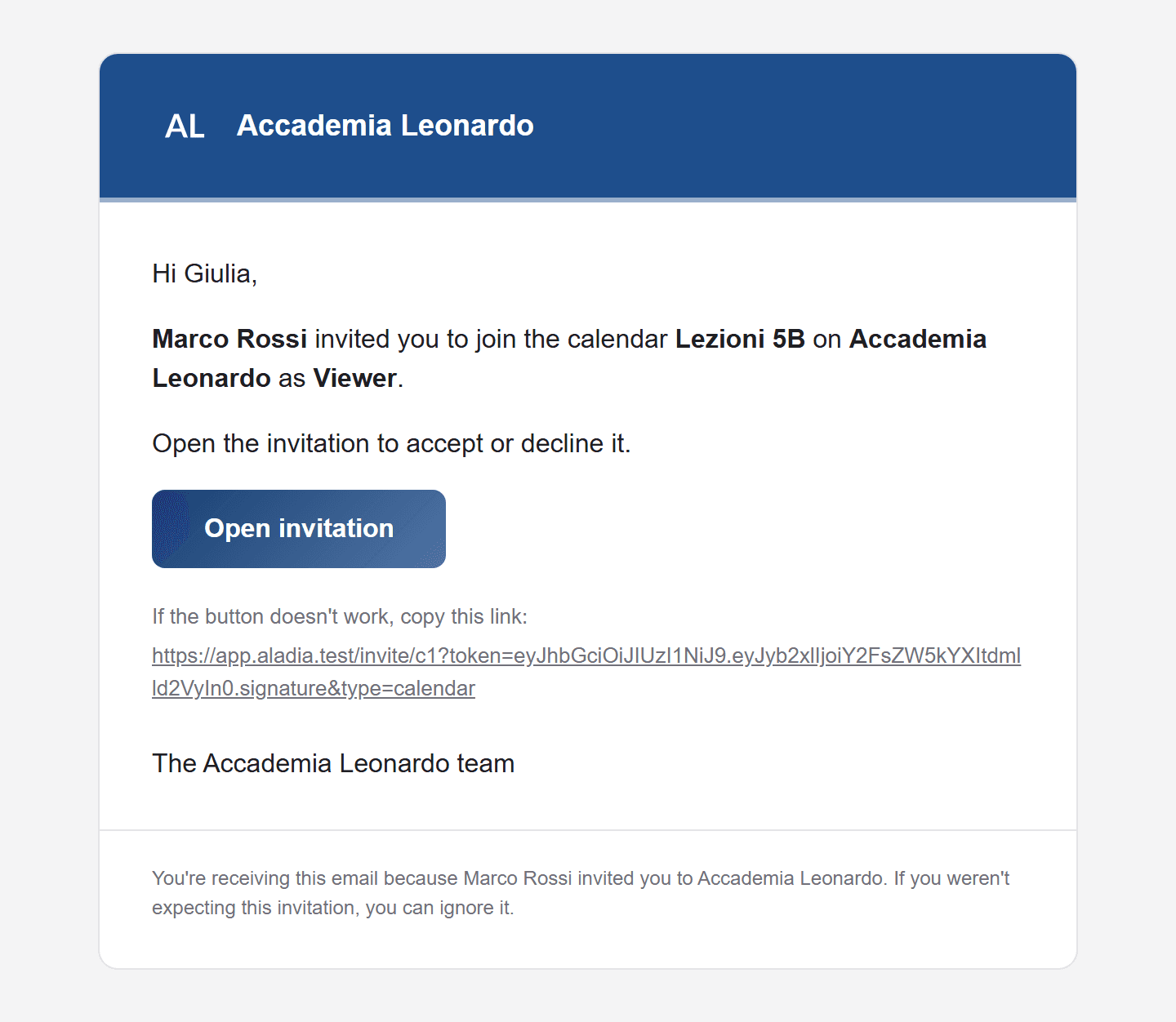 Invitation email to a calendar of an academy