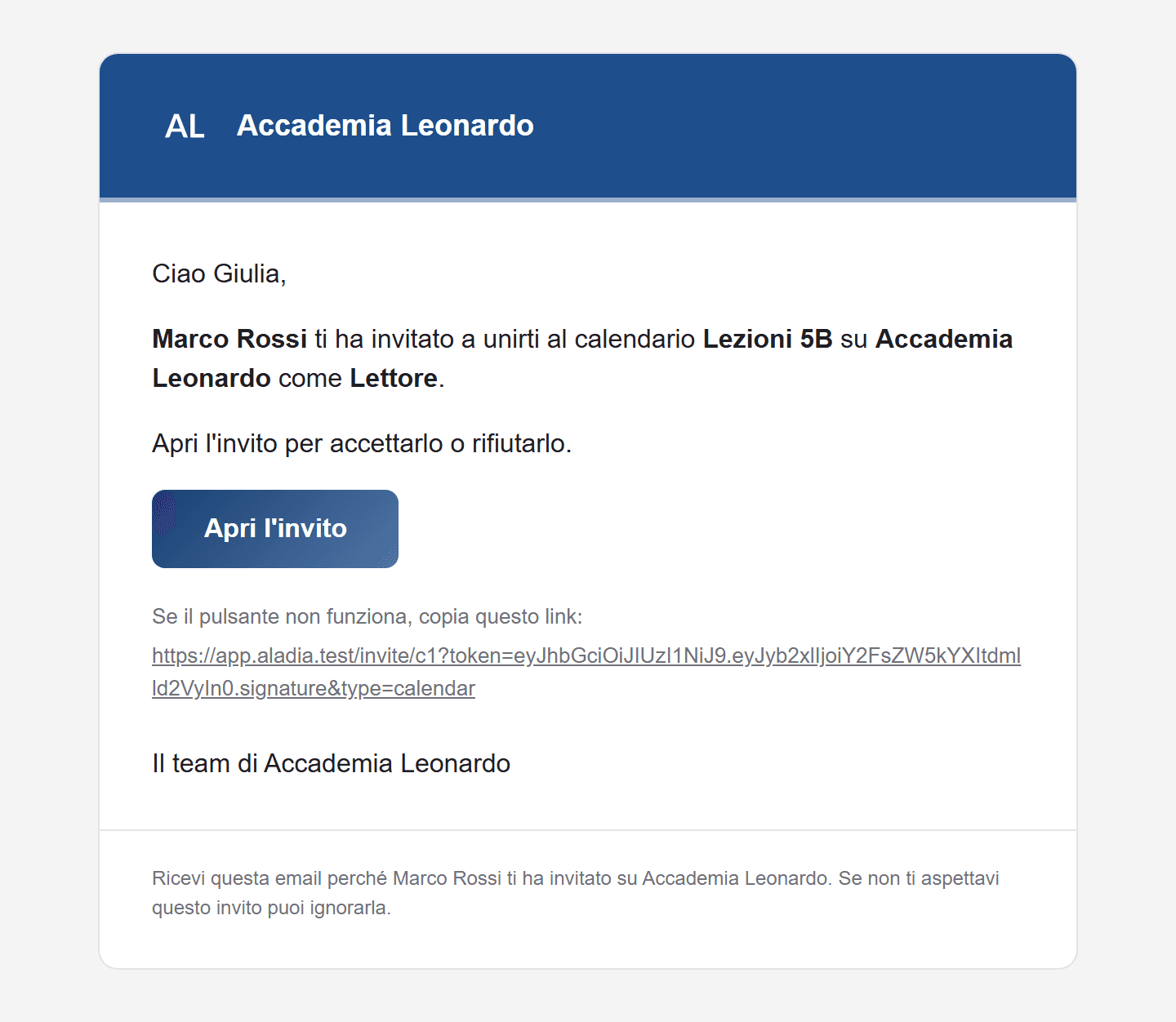 Email d'invito a un calendario di un'accademia