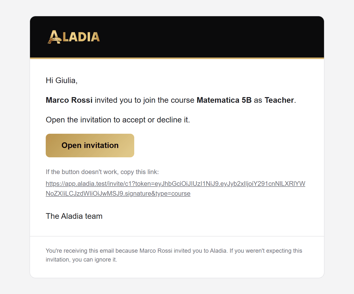 Invitation email to a course, Aladia theme