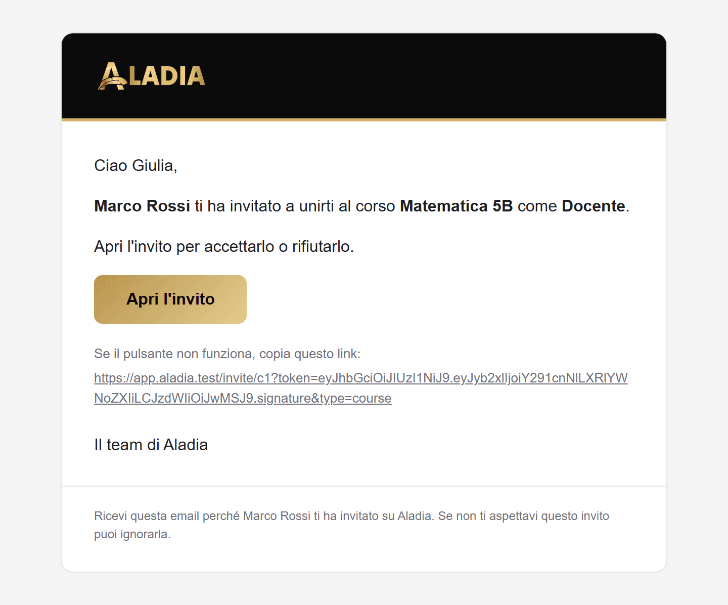 Email d'invito a un corso, tema Aladia