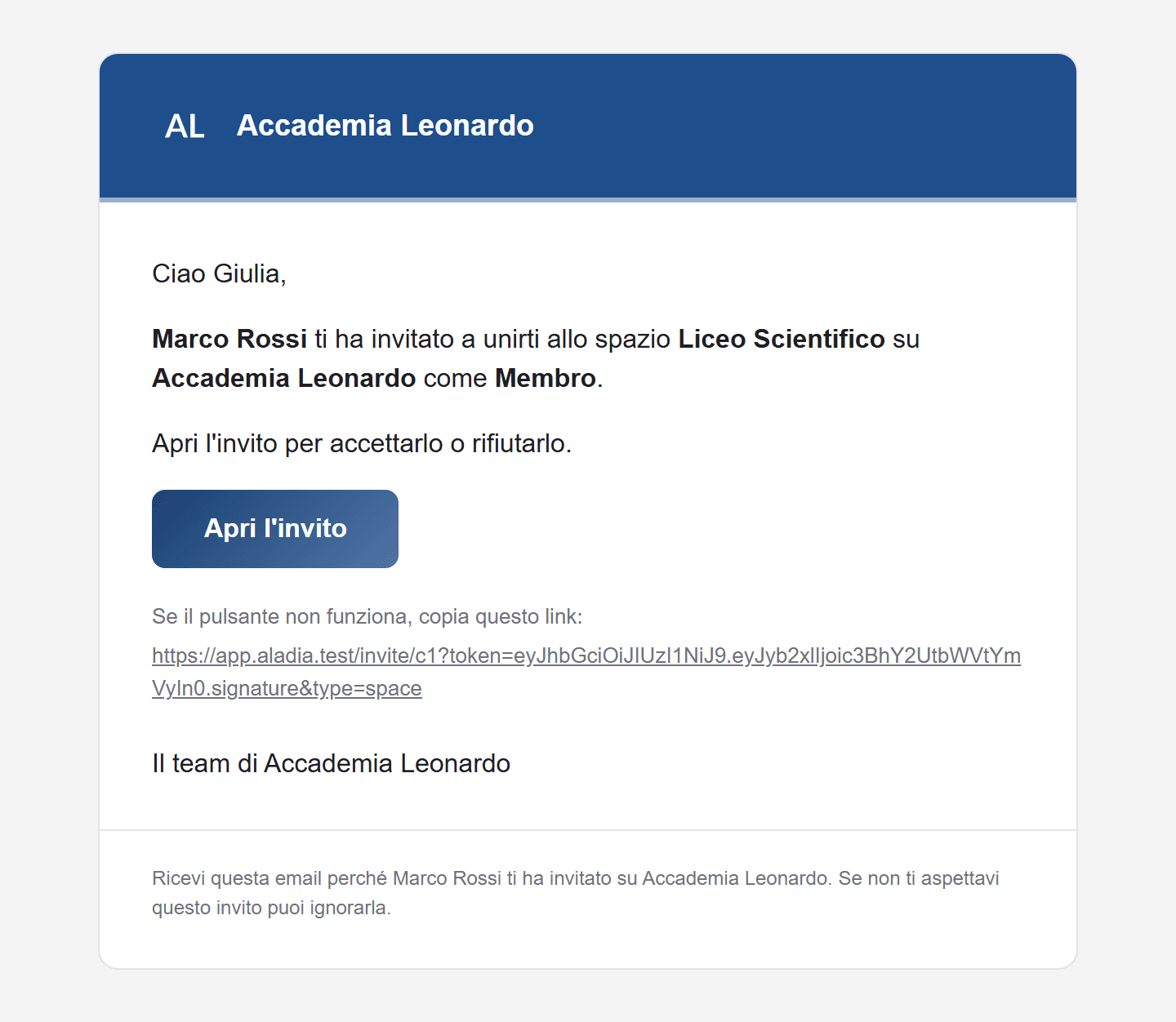 Email d'invito a uno spazio di un'accademia