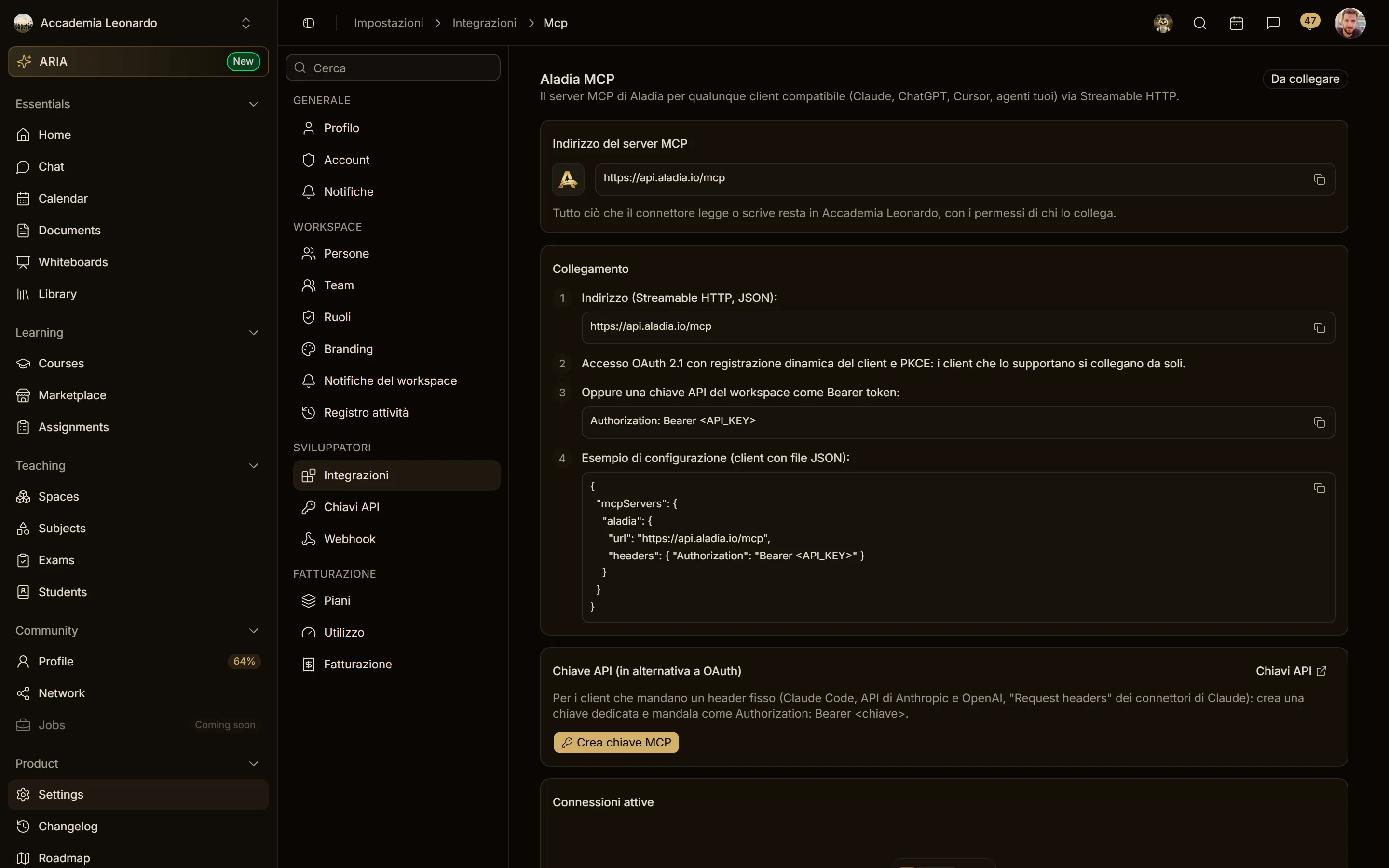 Impostazioni → Integrazioni → Aladia MCP: indirizzo del server, Crea chiave MCP e gli strumenti
