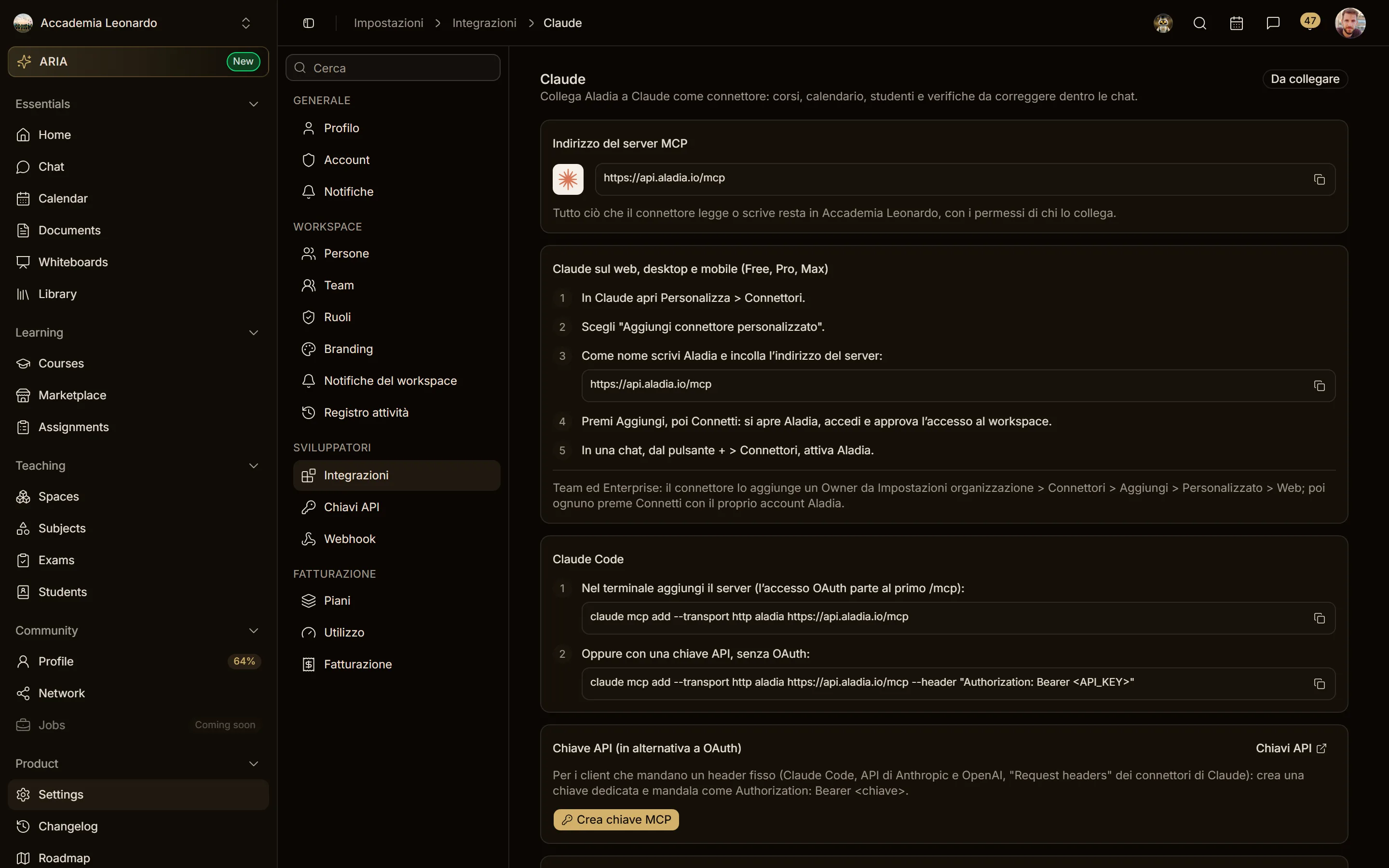Impostazioni → Integrazioni → Claude: indirizzo del server e passi per Claude e Claude Code