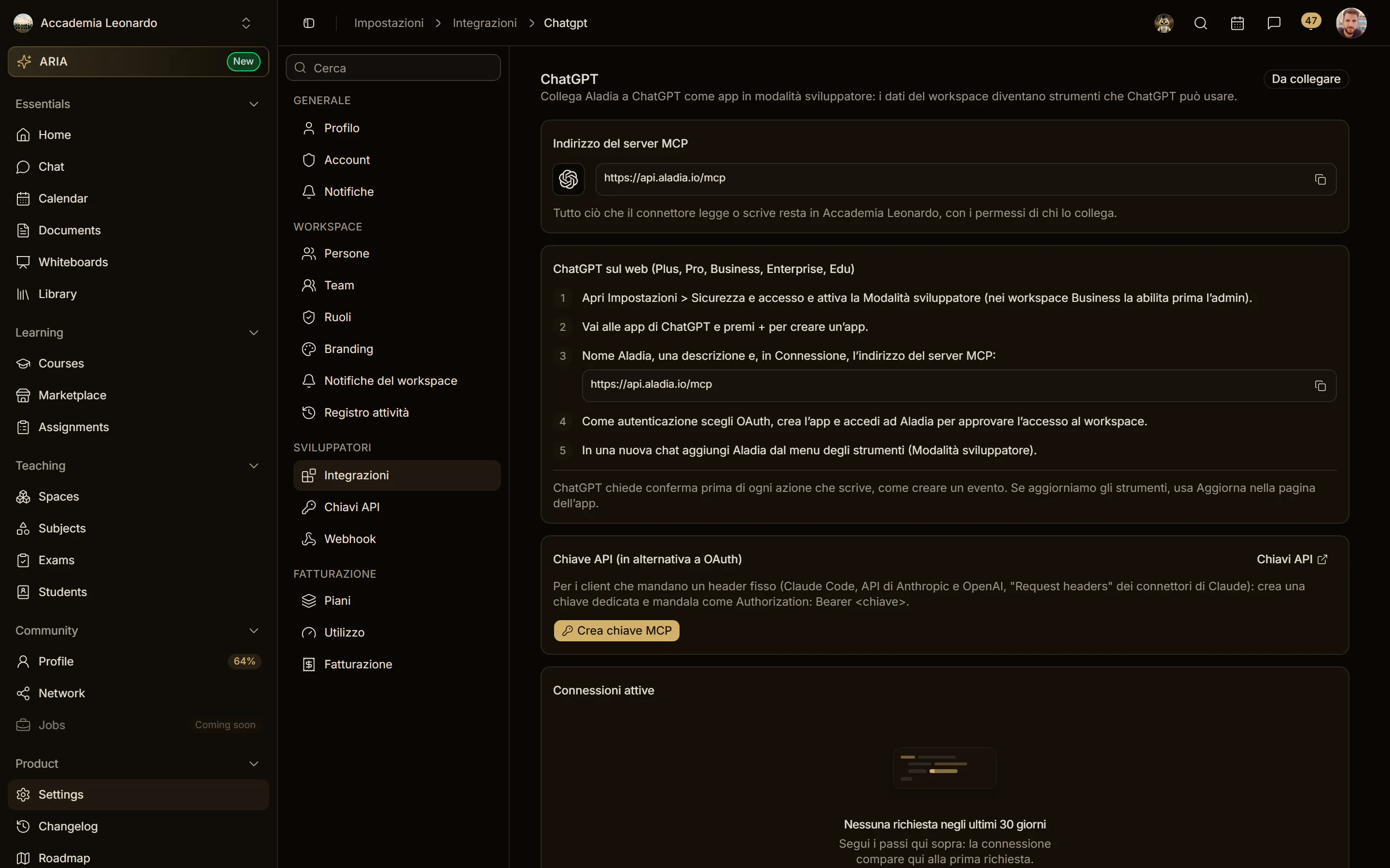 Impostazioni → Integrazioni → ChatGPT: indirizzo del server e passi della modalità sviluppatore