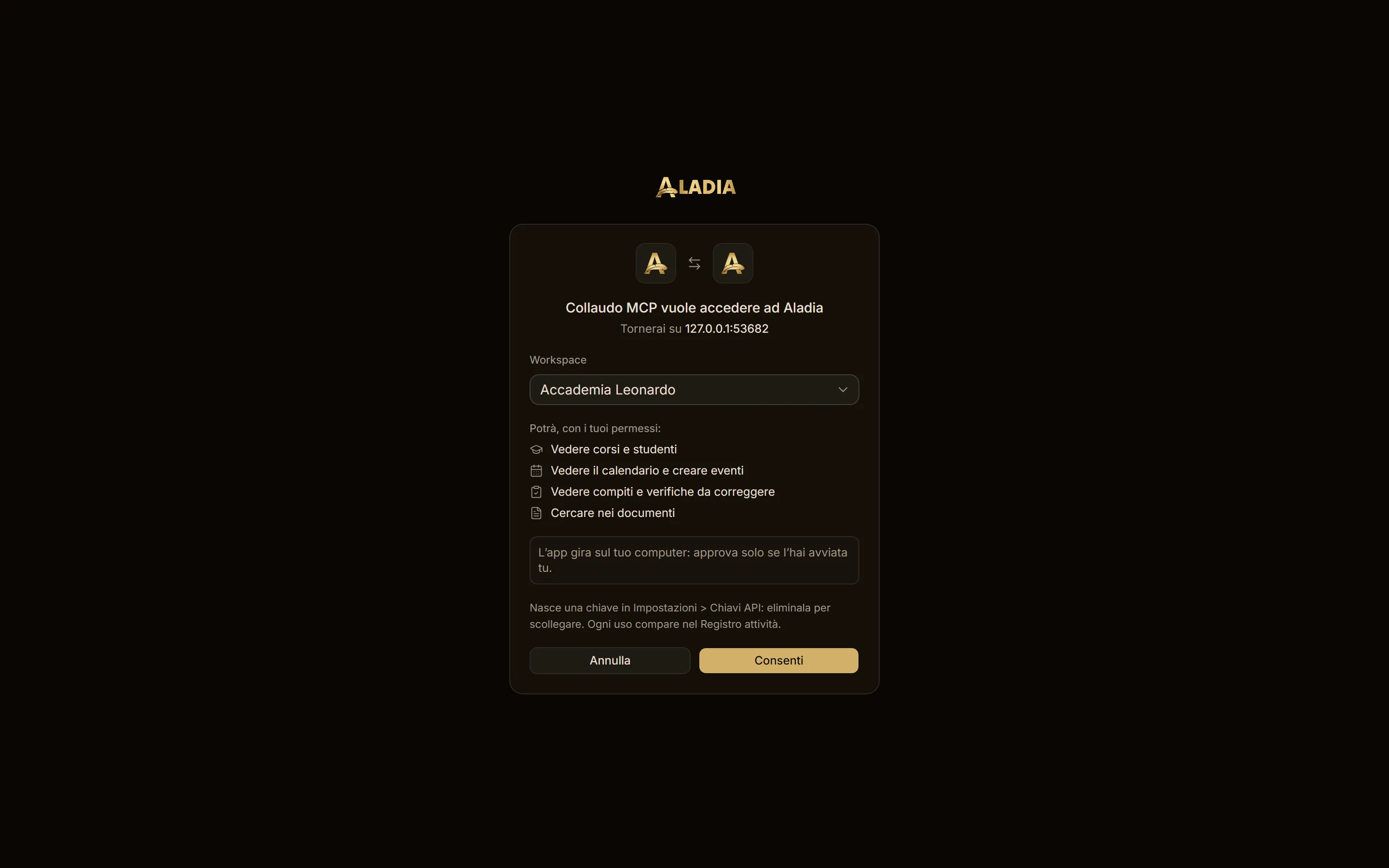 La pagina di consenso di Aladia: quale app, dove torna, il workspace e Consenti